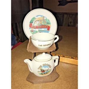 The Ozarks Miniature Tea Set and Stand Cup Saucer Plate Vintage Souvenir